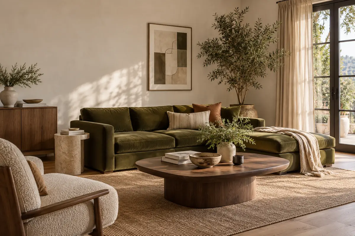 Contemporary living room with a green sofa